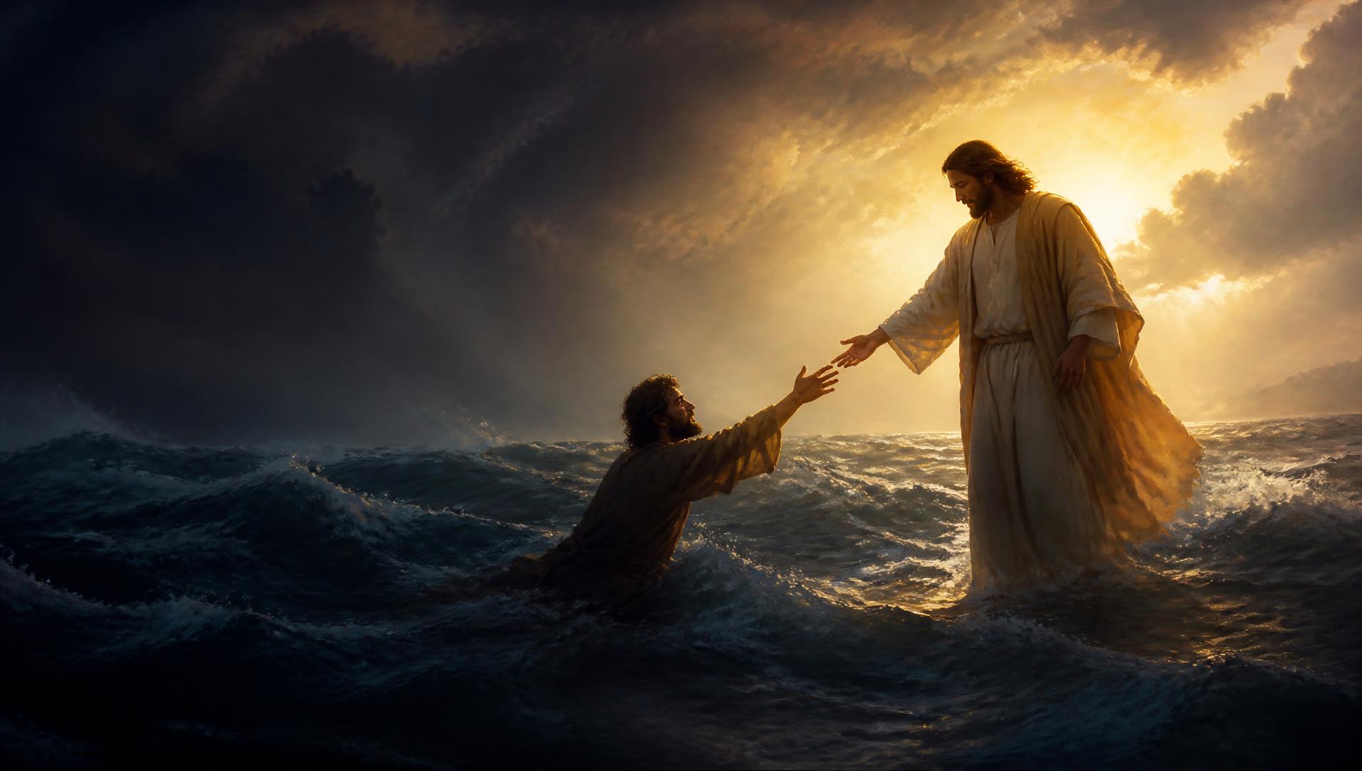 Jesus walking on the water, reaching out his hand to Peter