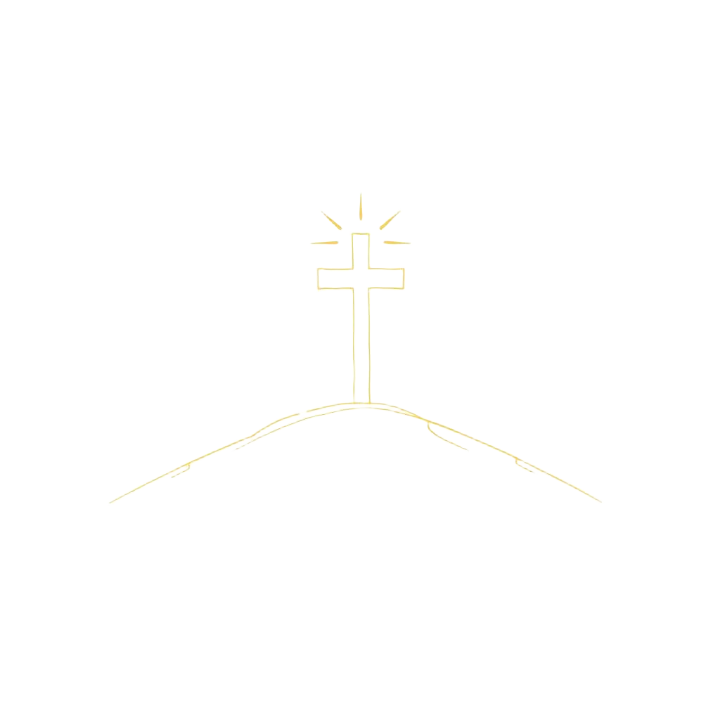 Line drawing of a cross on a hill
